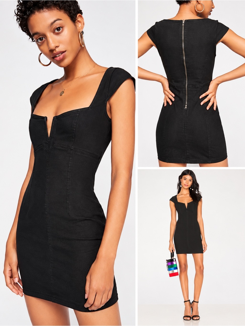Free People Lia Denim Mini Dress Black Notched Neckline M